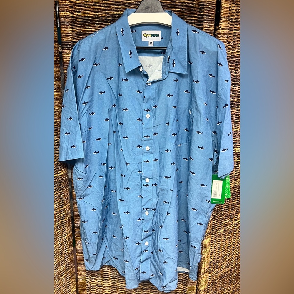 tipsyelves- NWT, Men’s 3XL Shark Hawaiian Button Up Shirt, Blue